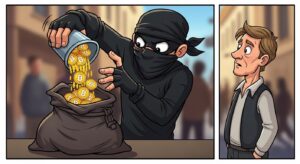 A man thief dressed all in black steals bitcins from a man who looks shocked.